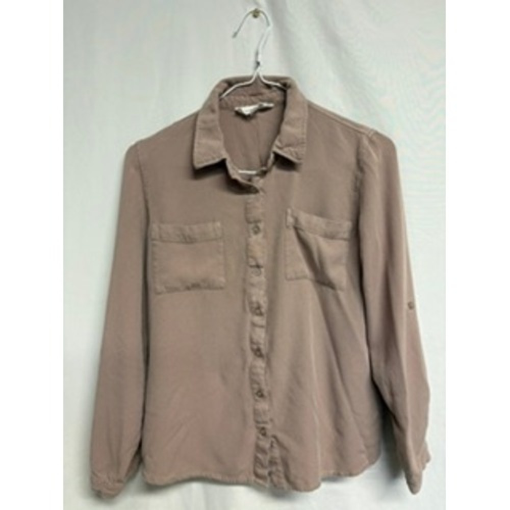 Pink Rose Mauve Taupe Button Down Utility Blouse Roll Tab Sleeve Rayon Shirt M
